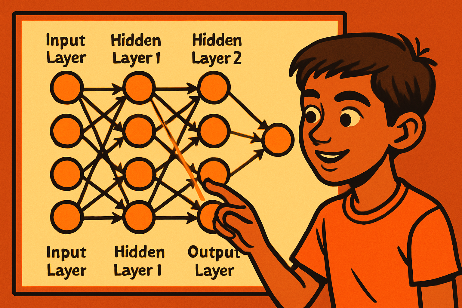 Glowing neural network diagram with layers of interconnected nodes on a dark background, blue and orange highlights