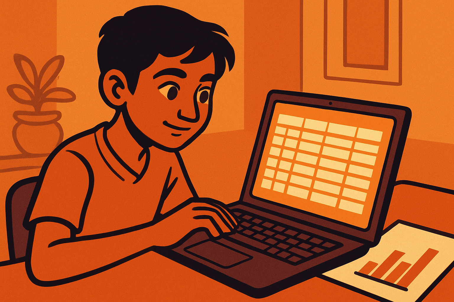 Open spreadsheet with colourful rows and columns of data, student reviewing it on a laptop in a bright classroom