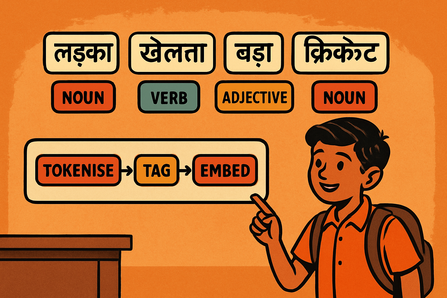 Word cloud with Hindi and English words, student at laptop with a text sentiment analysis dashboard on screen