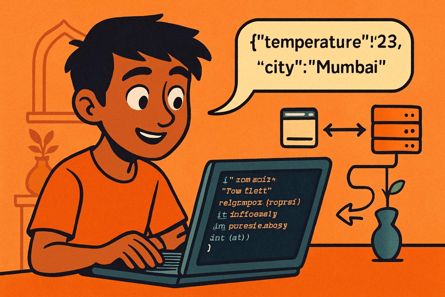 Student in Pune working in Google Colab on a laptop, Python code calling an AI API visible on screen, modern co-working space