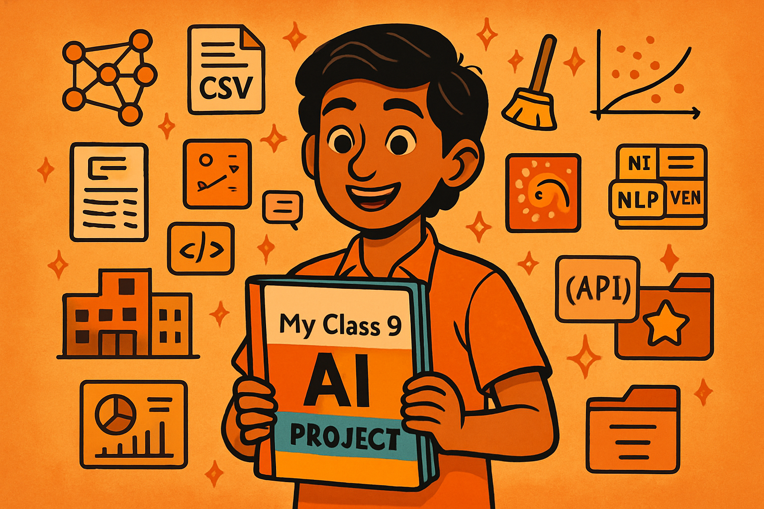 Happy Indian Class 9 students celebrating with certificates after completing their AI course — diverse group, modern school classroom