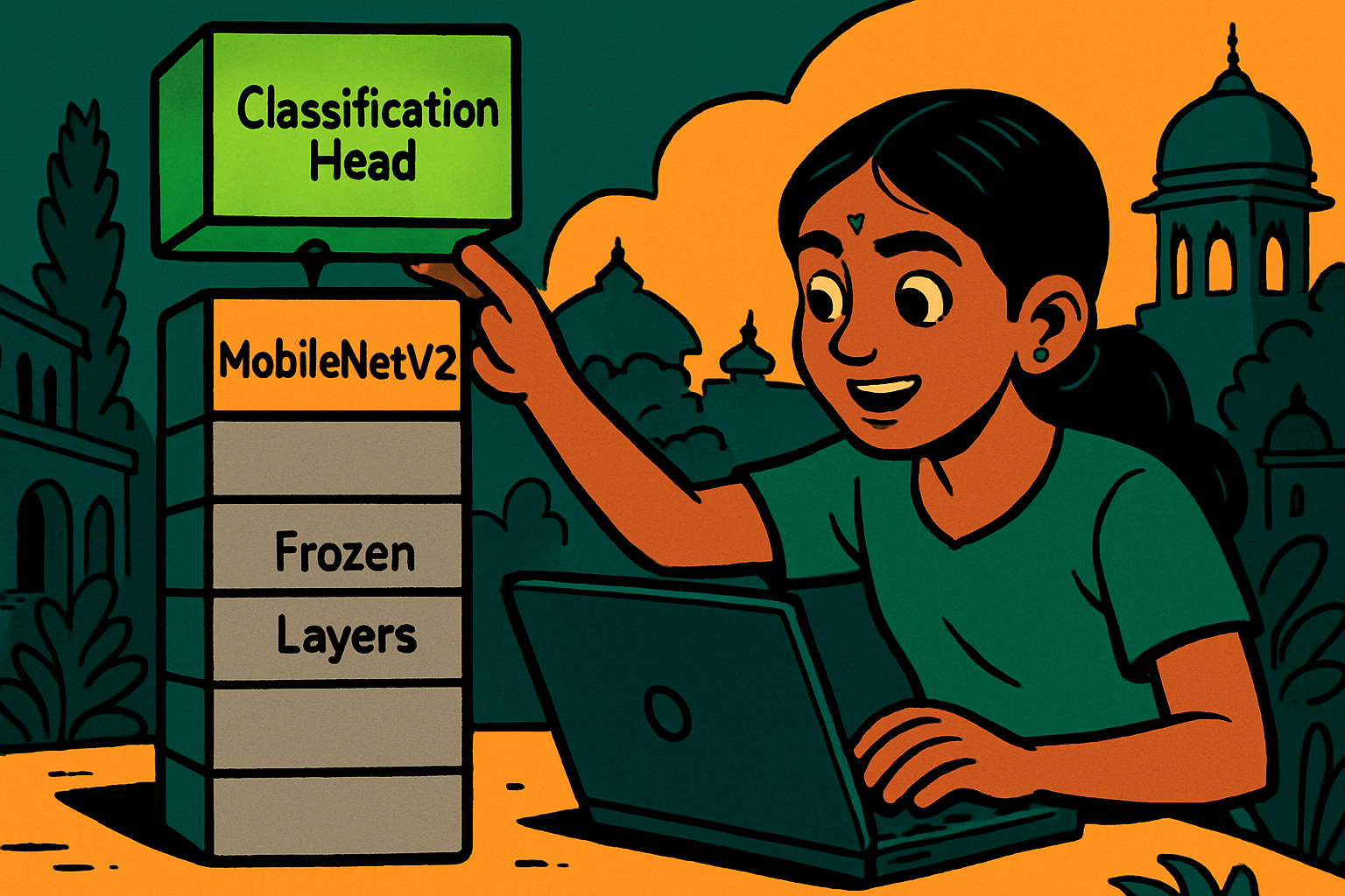 Student in Bengaluru looking at transfer learning diagram on laptop — MobileNet layers visualised, custom classification head shown