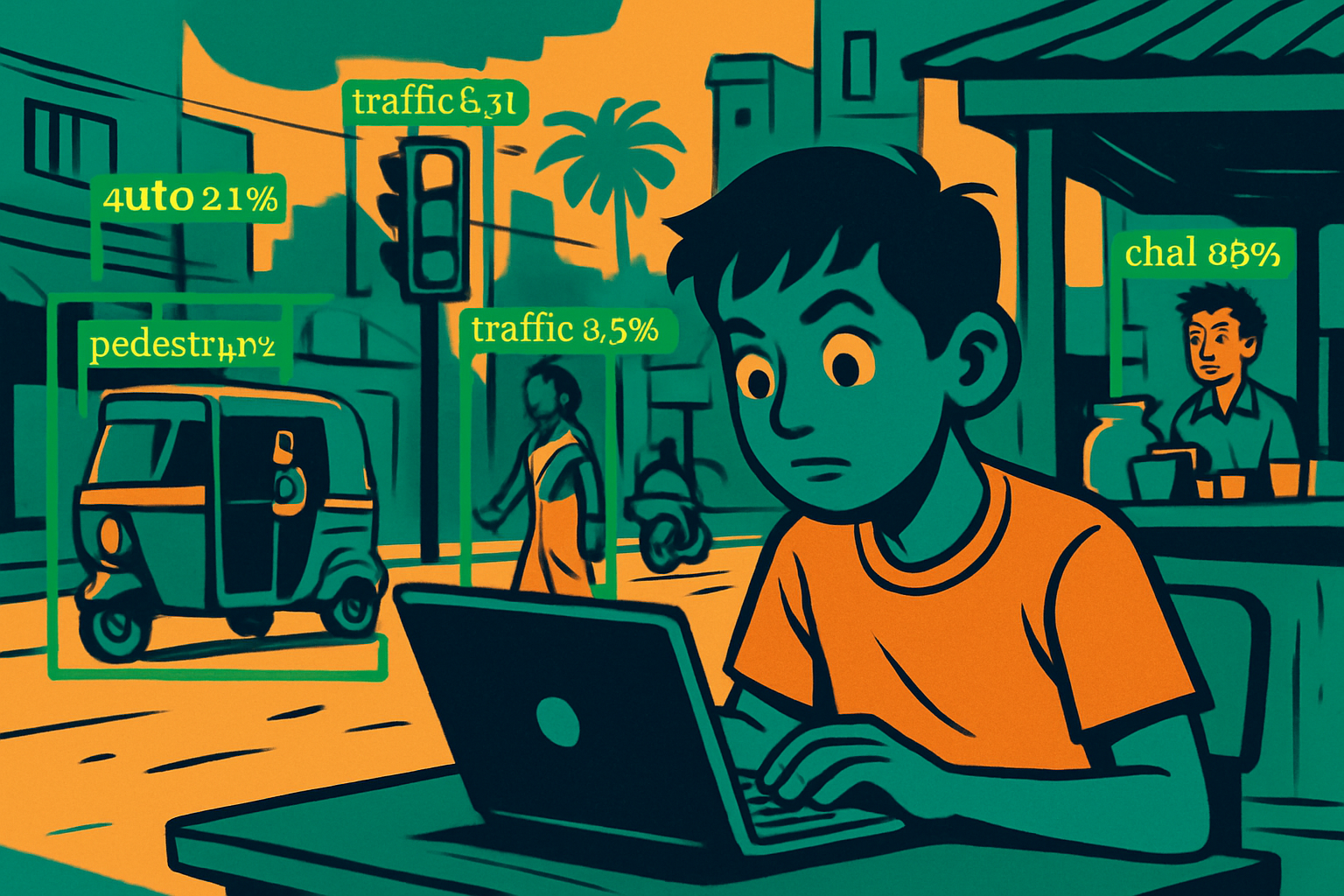 Chennai street scene with bounding boxes overlaid on vehicles, pedestrians, and auto-rickshaws — YOLO object detection demo