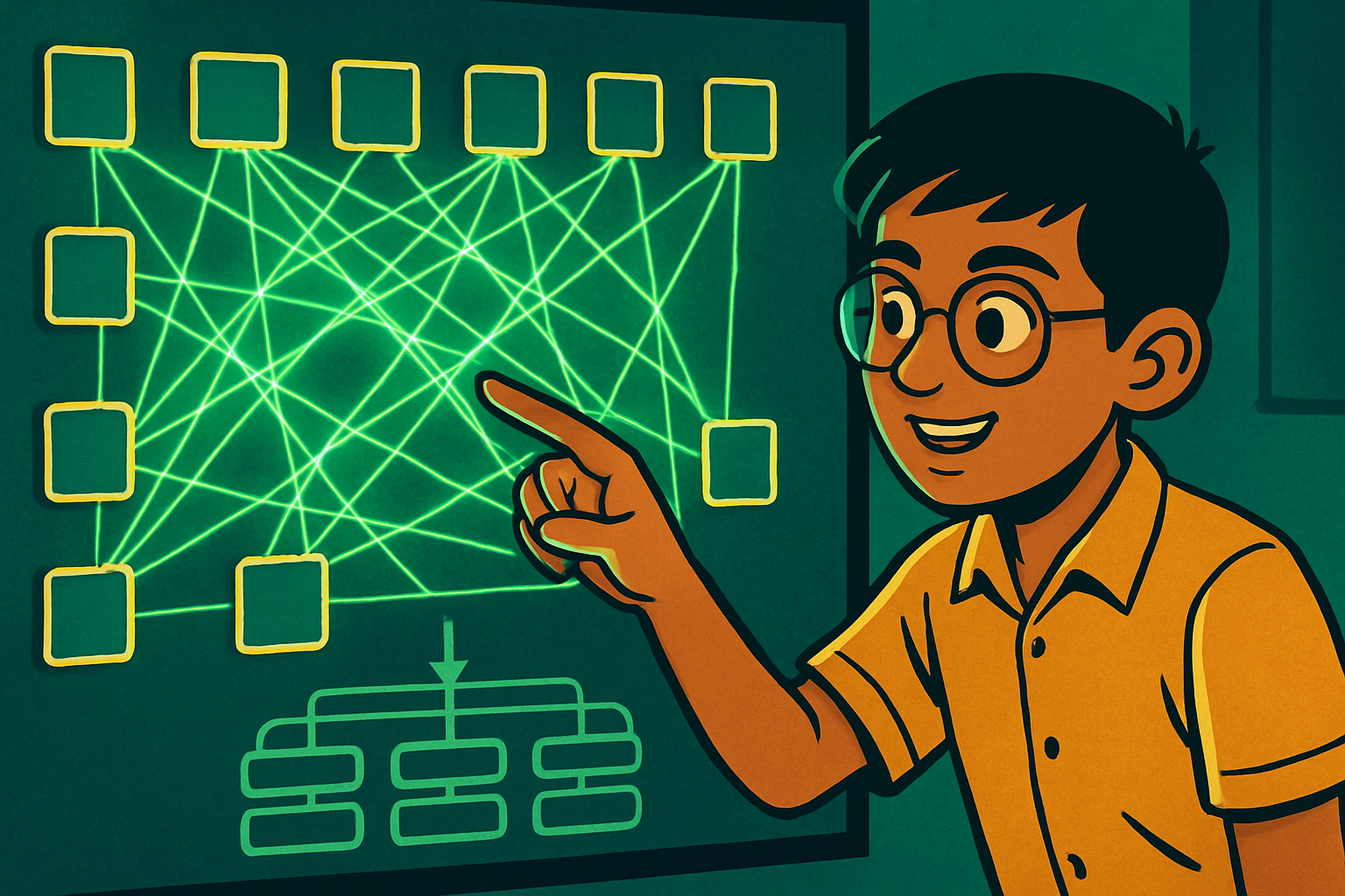 Student in Srinagar studying transformer architecture on laptop — attention weight heatmap visualization on screen
