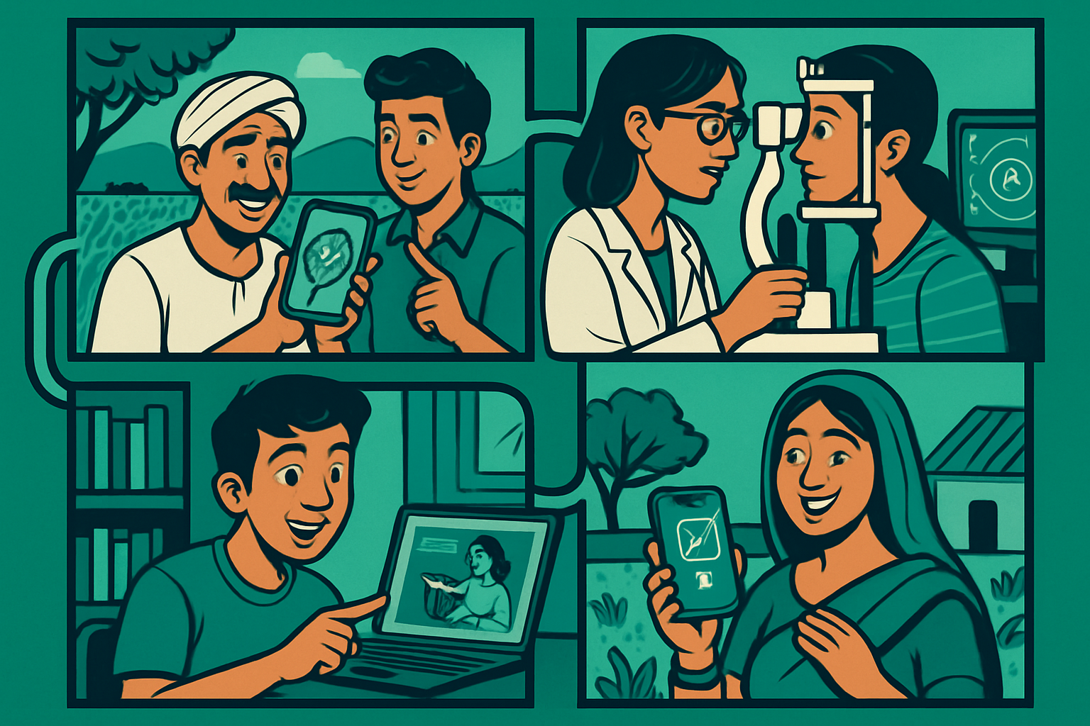 Collage of four AI for India domains — farmer with smartphone checking crop disease, doctor with tablet, student in rural school, and digital payment on feature phone