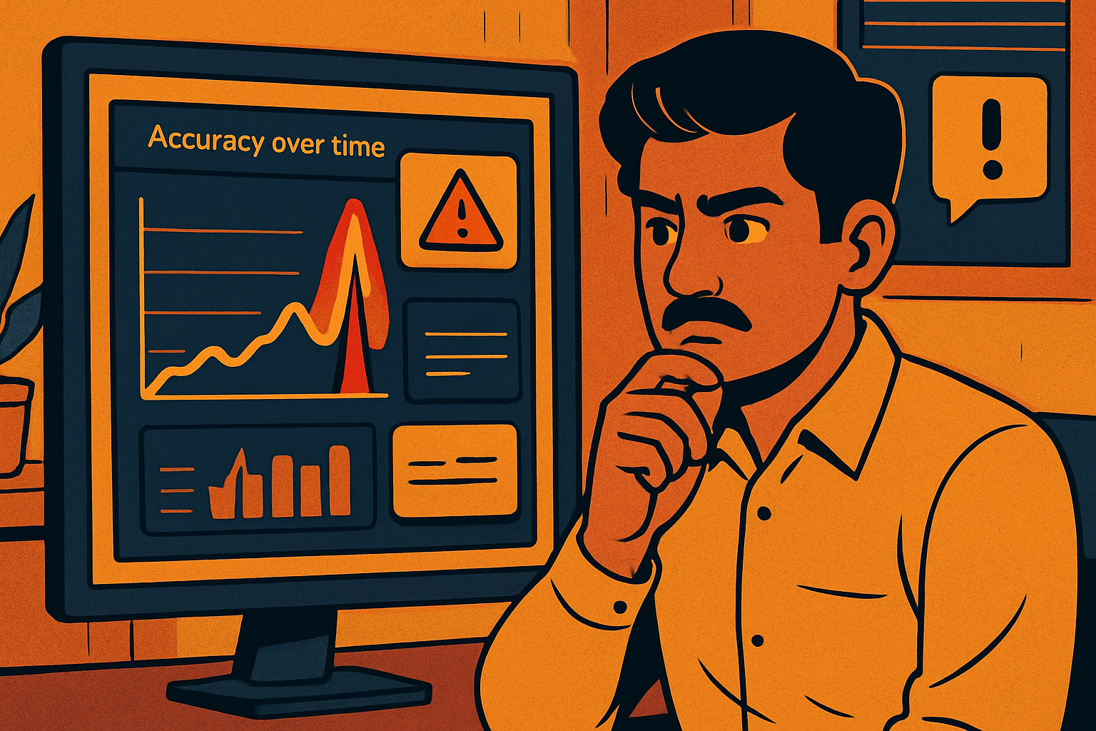 Preethi from Coimbatore monitoring a loan approval model — Evidently AI drift reports, accuracy dropping over time, alert dashboard