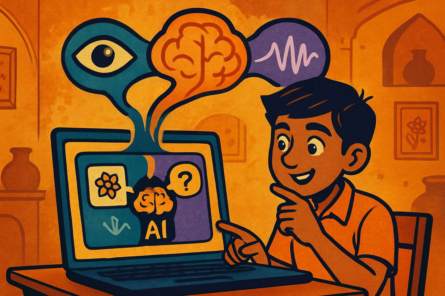 Aryan from Delhi building an accessibility app — photo of a street, CLIP processing it, Whisper converting speech query, GPT-4V answering in Hindi
