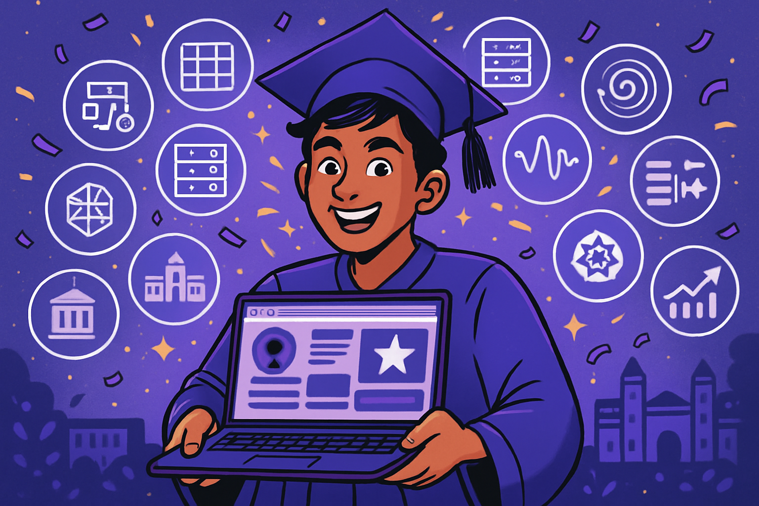 Class 12 capstone — all 11 characters: Aishwarya, Karthik, Ishaan, Sneha, Tara, Manav, Priya, Rohit, Anjali, Devansh, Ananya — presenting their college-ready AI portfolios